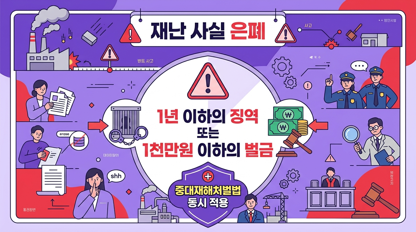 재해 사실 은폐 시 처벌(1년 이하 징역 또는 1,000만원 이하 벌금)을 보여주는 경고 인포그래픽