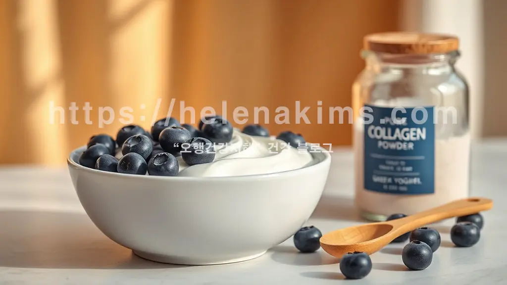 자연광이 스며드는 부드러운 배경 위, 깨끗한 흰색 볼에 담긴 무가당 그릭요거트가 중심에 놓여 있고, 그릭요거트 위에는 신선하고 촉촉한 블루베리가 뿌려져 있으며, 옆에는 투명한 콜라겐 유리병과 작은 우드 스푼에 담긴 순수한 콜라겐 파우더가