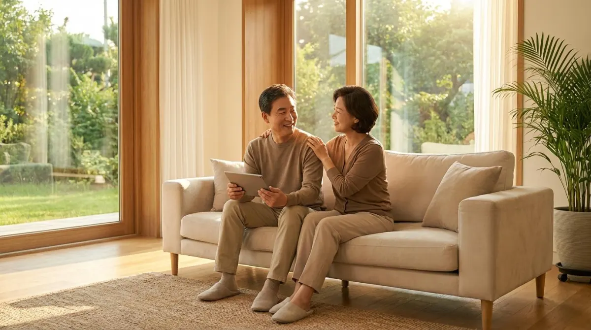 재산세 이의신청 성공 후 거실에서 안도하며 미소 짓는 중년 한국인 부부의 모습