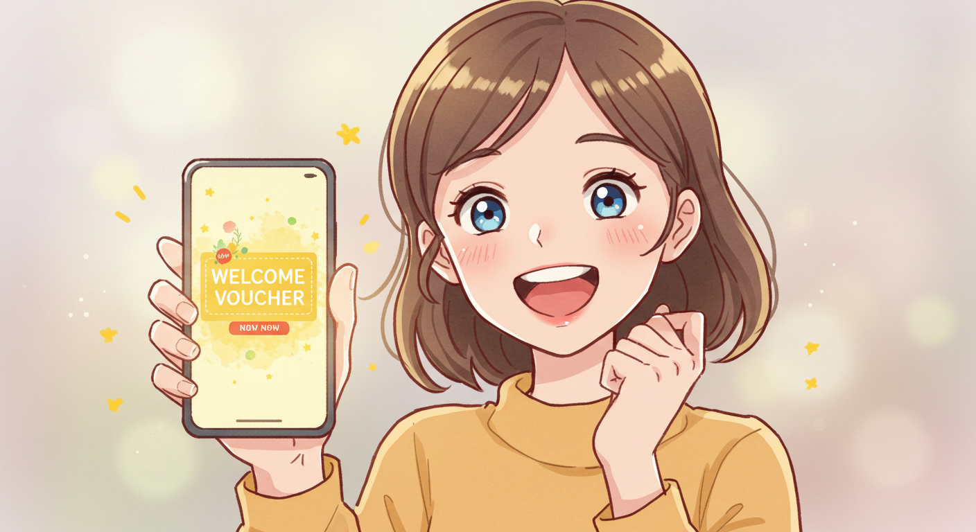 신규 가입 웰컴 바우처를 받는 소비자 캐릭터