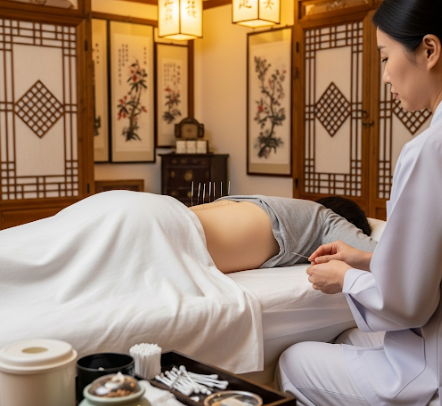 한의원에서 허리에 침을 맞는 사진