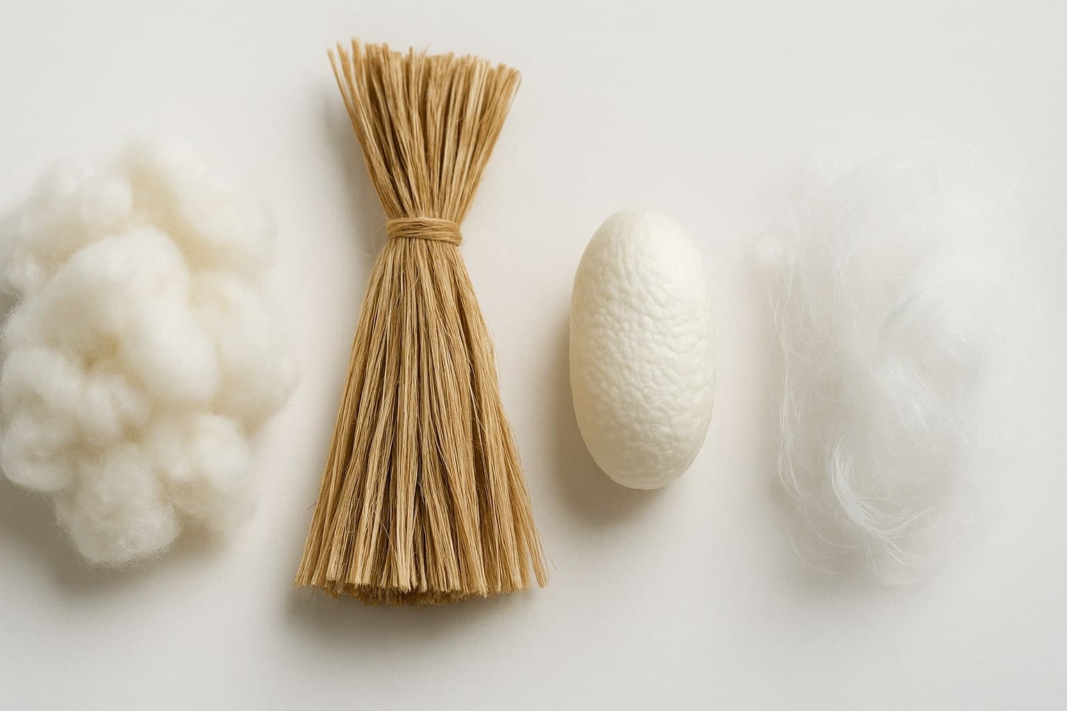 면, 마, 견, 폴리에스터 섬유가 나란히 배열된 모습