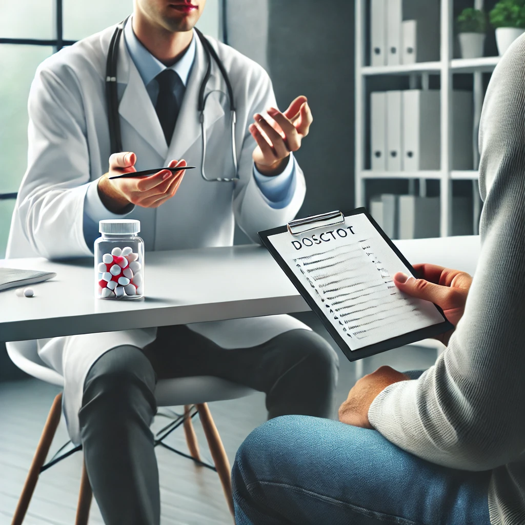 클리닉에서 건강검진 전 약물 복용 여부를 의사와 상담하는 사람. 질문이 적힌 작은 메모지를 들고 있으며&amp;#44; 의사가 친절하게 설명하는 모습