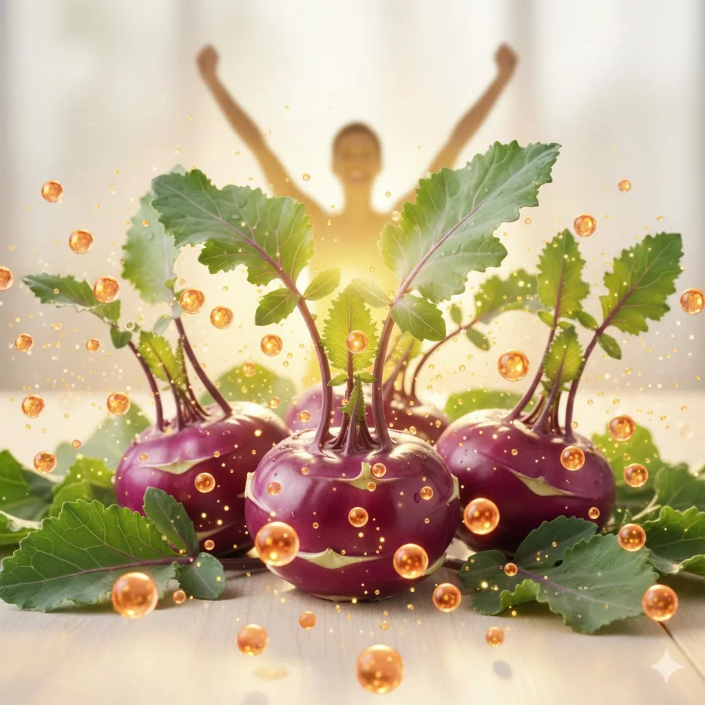 밝고 활기찬 색감의 이미지로&amp;#44; 콜라비 주변에 비타민 C를 상징하는 오렌지와 유사한 밝은 구슬들이 흩어져 있습니다. 콜라비를 먹고 활짝 웃는 건강한 사람의 실루엣이 뒤쪽에 희미하게 보이면서&amp;#44; 면역력이 강화되는 긍정적인 메시지를 전달합니다.