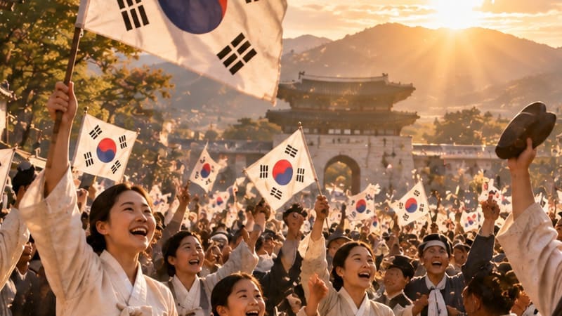1945년 광복의 기쁨과 새로운 시작을 상징하는 한국의 역사적 장면