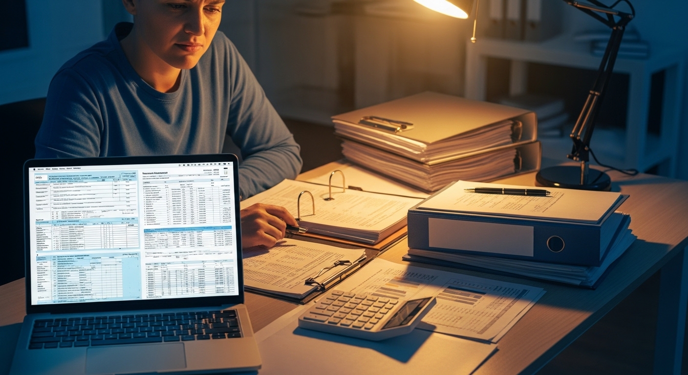 밤늦게 서류와 노트북 앞에서 연말정산 서류를 정리하는 사람, 2025년 세금 환급을 준비하는 모습.