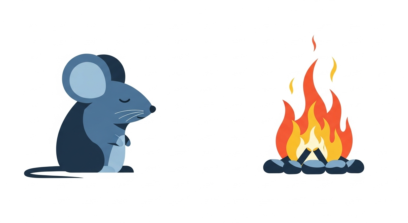 안전한 거리에서 밝은 모닥불을 차분하게 관찰하며 냉철함을 유지하는 쥐 캐릭터 일러스트