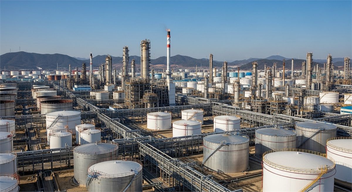 국내 정유 공장과 저장탱크가 보이는 산업 현장 전경