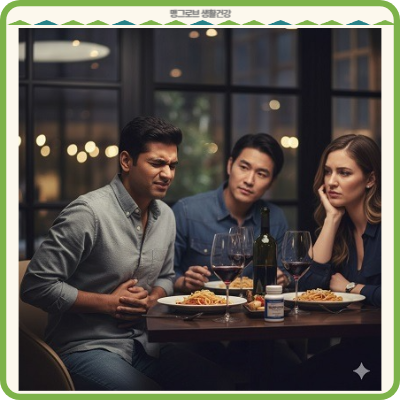 약 복용후 술과 음식을 먹다가 통증을 느끼는 남자