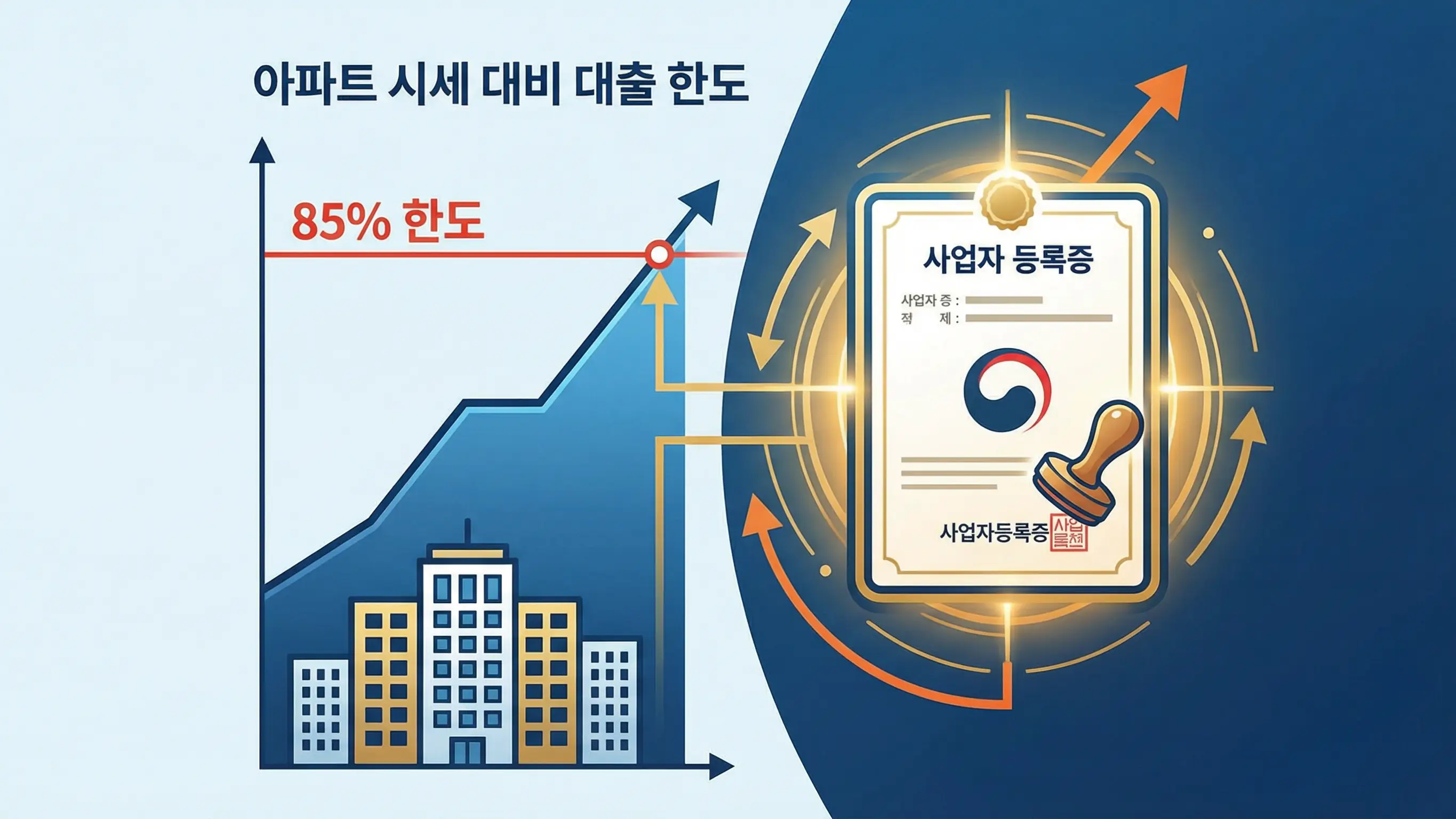아파트 시세의 85퍼센트까지 차오르는 대출 한도 그래프와 사업자 등록증 아이콘이 결합된 인포그래픽