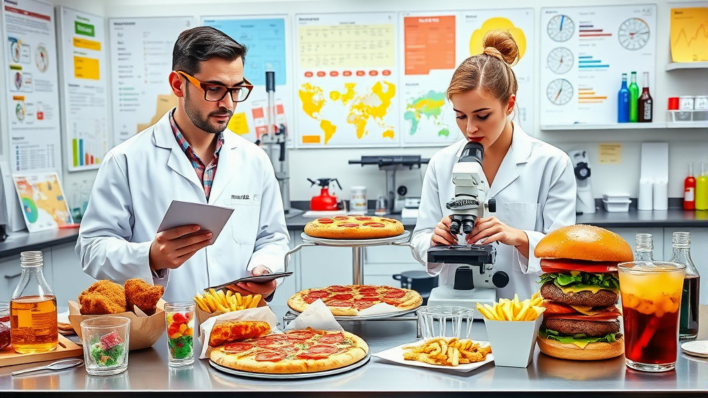 패스트 푸드 음식들을 검사하는 연구원 2명