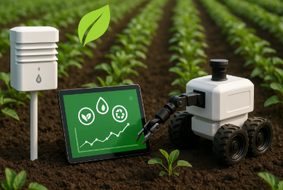 친환경 자동 농업을 위해 로봇과 IoT 센서가 작물 재배 상태를 분석하는 장면