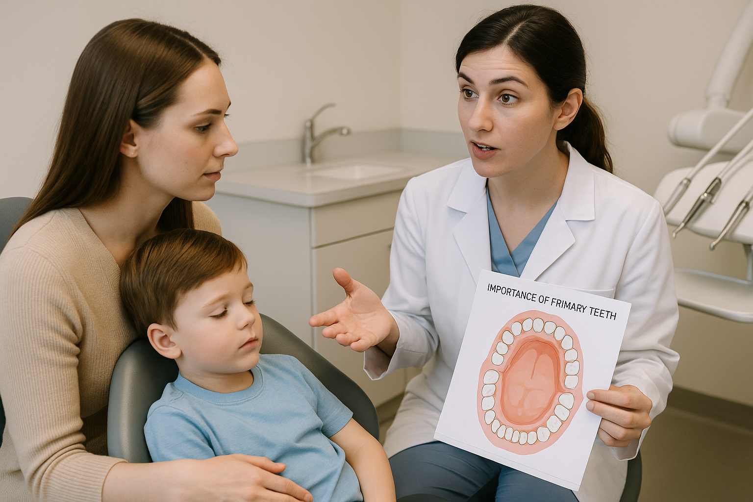 유치 관리의 중요성에 대해 설명 하는 의사와 설명 듣는 아이와 엄마