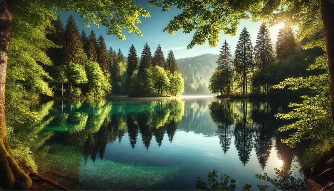 맑은 반영이 있는 평화로운 호수와 푸른 나무