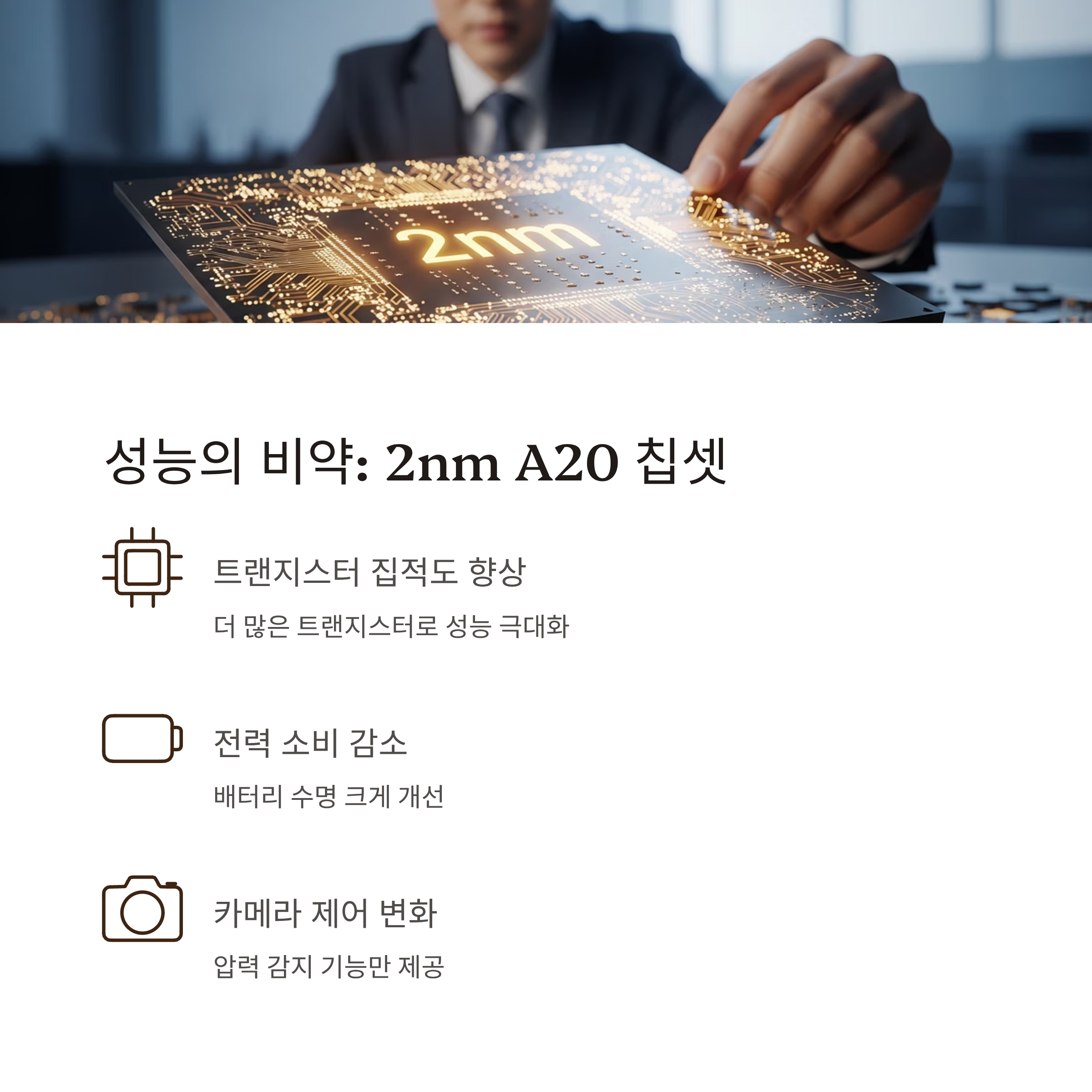성능의 비약: 2nm A20 칩셋과 카메라 제어 🧮