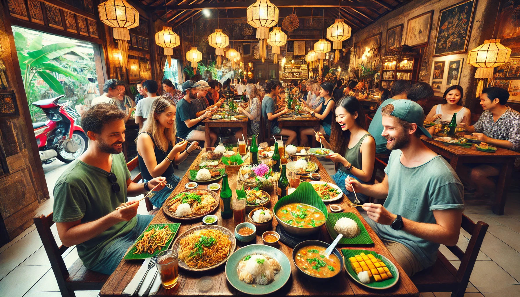 방콕의 현지 맛집에서 맛있는 태국 음식을 즐기는 모습