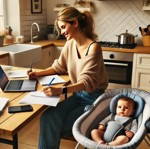 아이를 옆에 두고 일하는 여성 사진