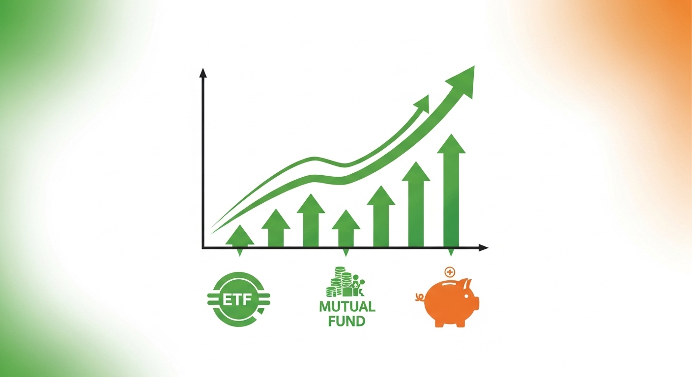 ETF와 펀드 등 다양한 투자 상품 아이콘이 있는 성장 차트, 소액 분산 투자를 통한 자산 증식을 표현.