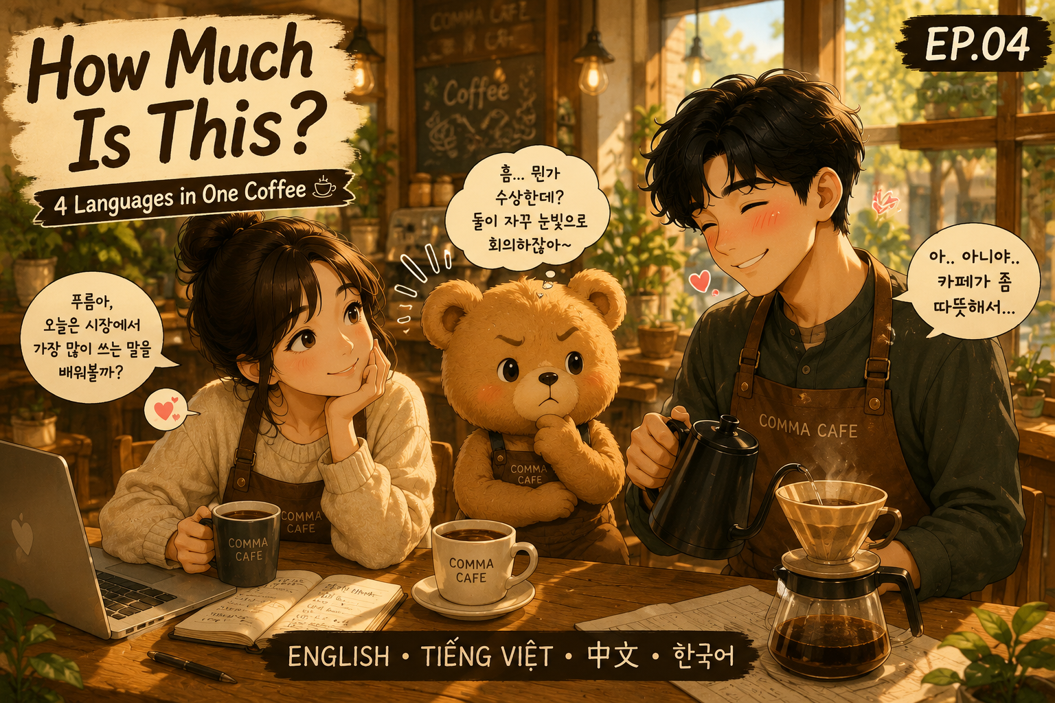 COMMA CAFE에서 장을 보러 가기 전 이야기하는 쉼표, 푸름, 은돌이