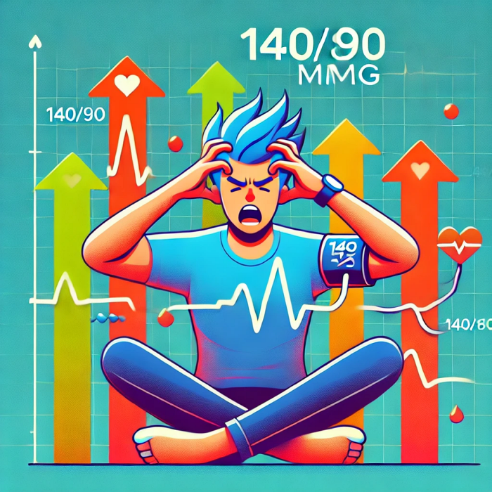 스트레스로 혈압이 급격히 상승하는 모습을 보여주는 애니메이션 스타일 인포그래픽.
