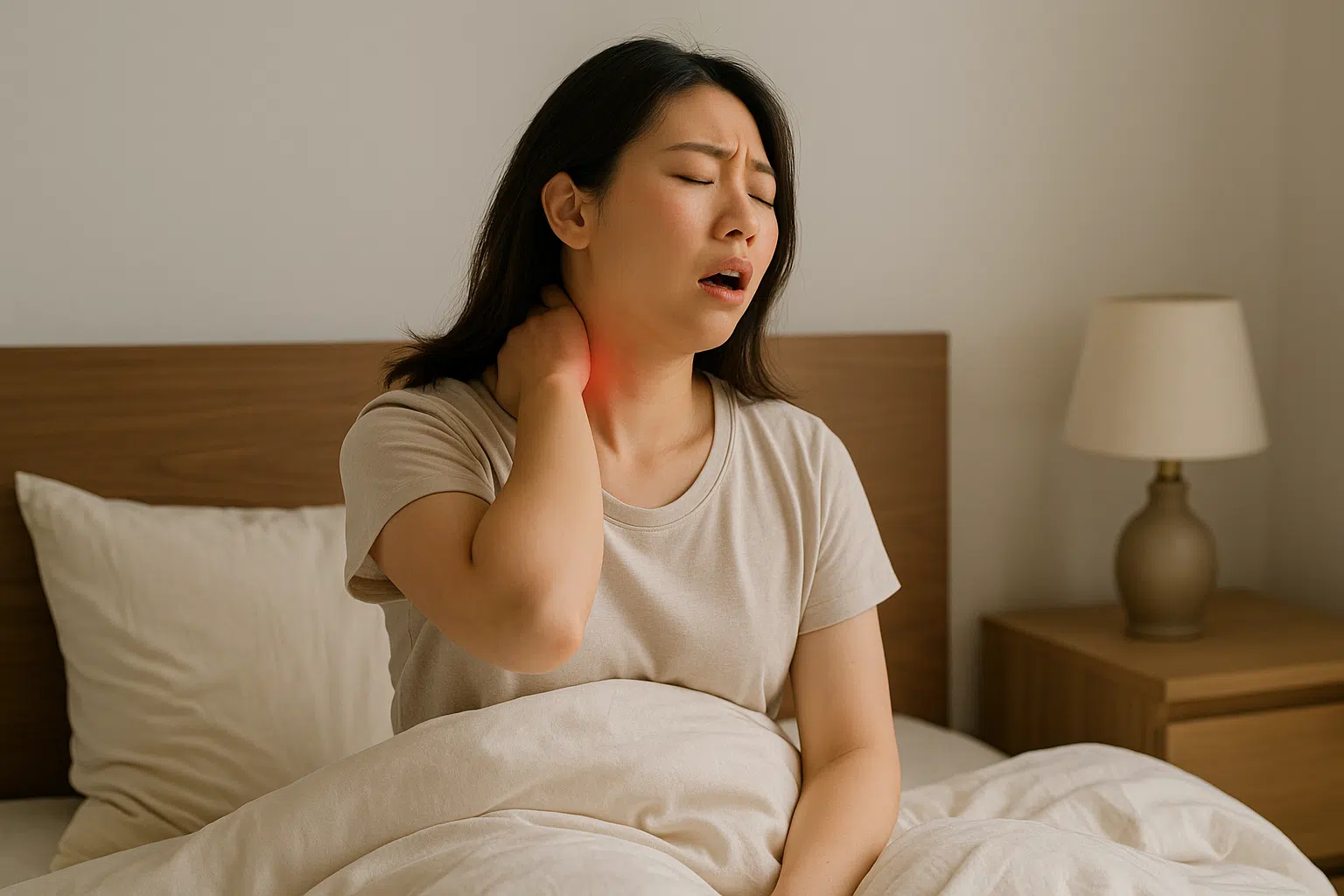 침대에서 일어나며 고개를 드는 한국인, 목 뒤에 붉은 하이라이트