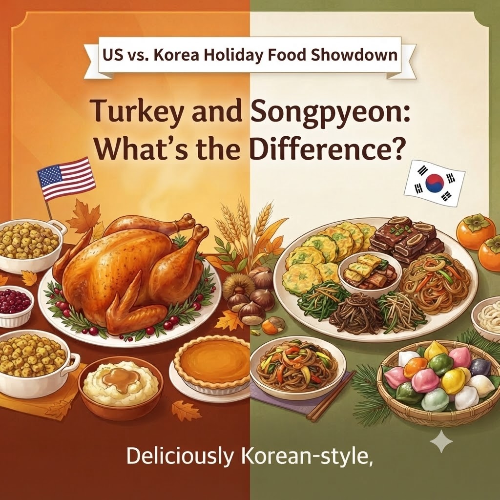 An illustration card titled 'US vs. Korea Holiday Food Showdown: Turkey vs. Songpyeon, What's the Difference?' On the left, American Thanksgiving dishes like roast turkey, stuffing, mashed potatoes, gravy, cranberry sauce, and pumpkin pie are displayed with the US flag. On the right, Korean Chuseok dishes like galbi-jjim, japchae, jeon, songpyeon, sikhye, and fruits are displayed with the Korean flag. At the bottom, the text reads 'Deliciously Korean-style.'