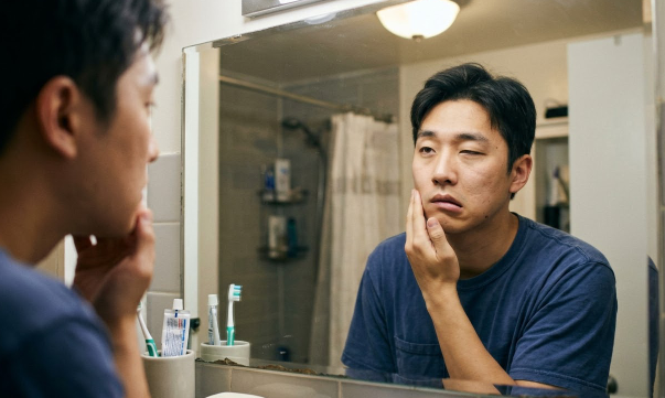 구안와사 병변을 살펴보고 있는 환자 사진