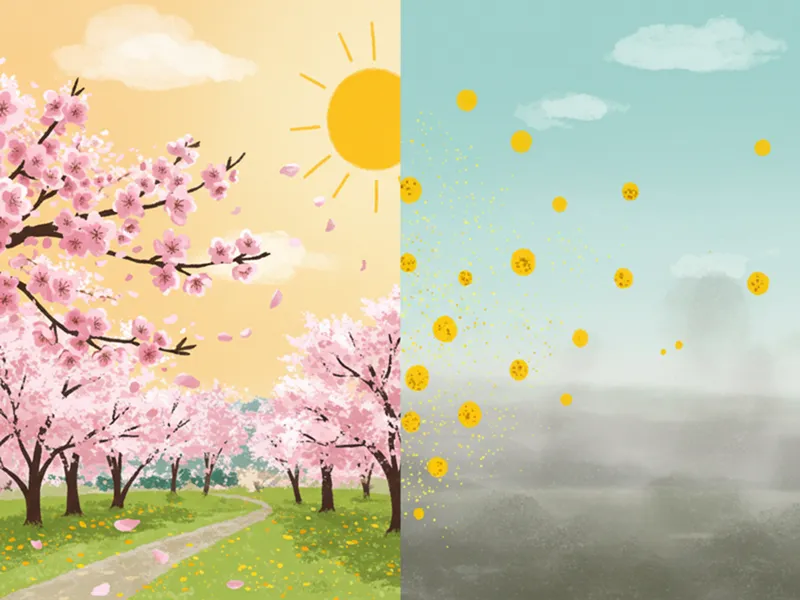 따뜻한 햇살과 차가운 바람이 공존하고, 노란 꽃가루와 뿌연 미세먼지가 날리는 봄 풍경 일러스트. 봄철 면역력 위협 요소를 상징.