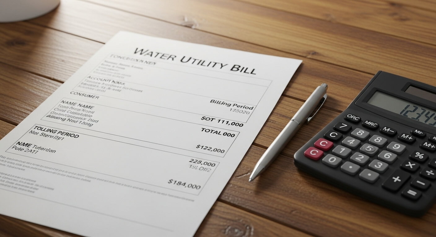 영문 수도요금 고지서와 계산기가 나란히 놓인 나무 책상