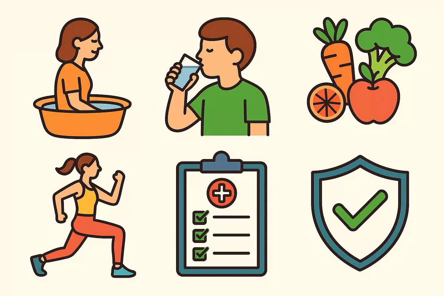 좌욕하는 사람, 물 마시는 아이콘, 채소와 과일, 운동하는 사람, 병원 재진료 체크리스트