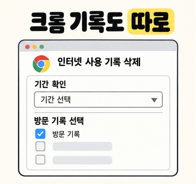 크롬 기록도 따로라는 제목 아래 인터넷 사용 기록 삭제 창의 기간 선택과 방문 기록 체크박스를 보여주는 그림
