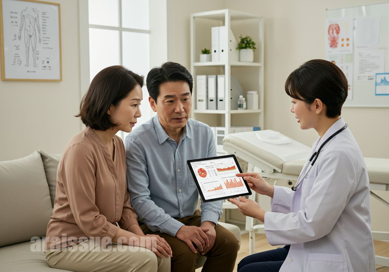 40대 한국 부부가 현대적인 병원 상담실에서 의사와 함께 건강검진 결과를 확인하며 질환 이력 관리에 대한 설명을 듣고 있습니다. 화면에는 검사 차트가 나타나 있습니다.