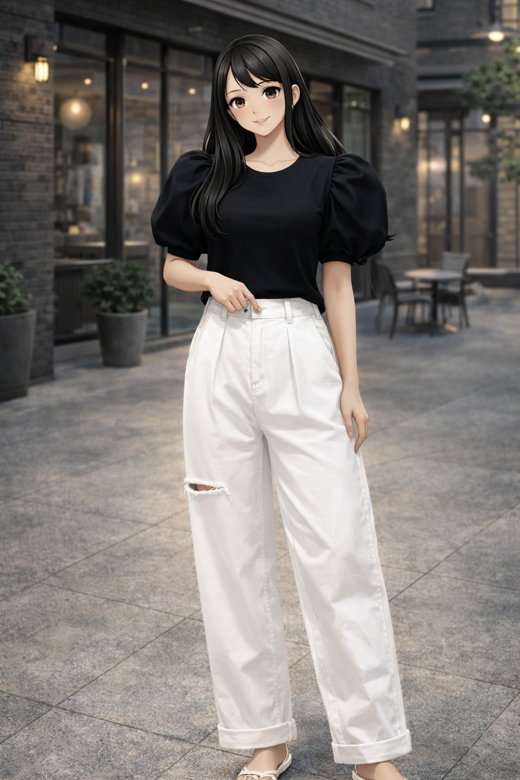 K-Fashion Ripped White Jeans Outfit With Black Puff Blouse And Chic Style