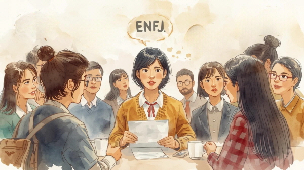 ENFJ는 타인의 성장을 돕고, 공동체의 목표를 이끌어가는 데 강점을 가진 유형입니다에 관한 그림입니다