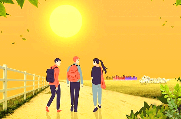 노란 태양이 더 있고 키가 큰 3명의 대학생 친구들이 길을 걷는 뒷모습이다. 여자 한 명, 남자 두 명이다.