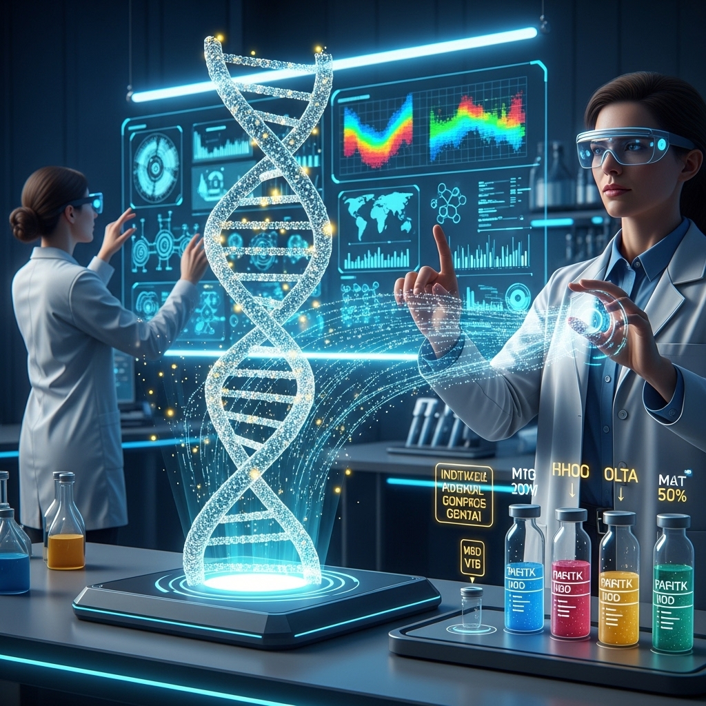 환자 유전체 데이터를 기반으로 개인 맞춤형 의약품이 개발되는 개념적 이미지
