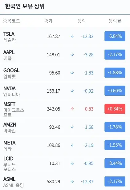 한국인보유상위종목