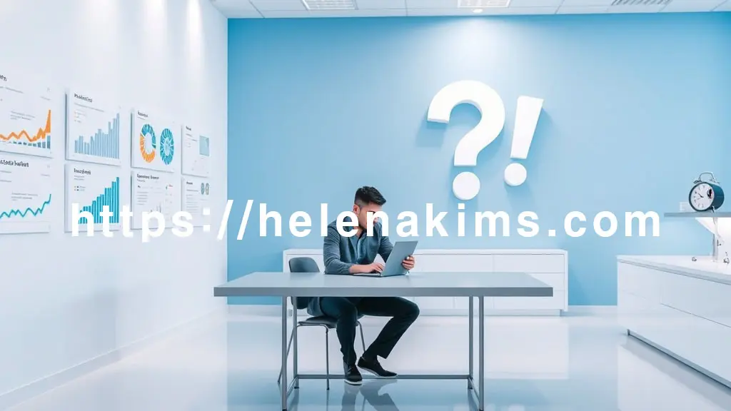 푸른색과 흰색이 조화를 이룬 깔끔한 연구실 공간. 한쪽 벽면에는 콜레스테롤 수치 그래프와 건강 관련 도표들이, 다른 쪽에는 커다란 물음표와 해결책을 의미하는 느낌표가 교차하며 떠다닙니다. 테이블에 앉은 한 사람이 노트북이나 태블릿을 진지하게 들여다보며 정보를 탐색하고 있는 모습.