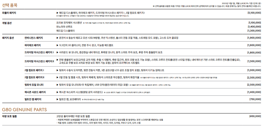 g80 선택 품목 옵션별 가격