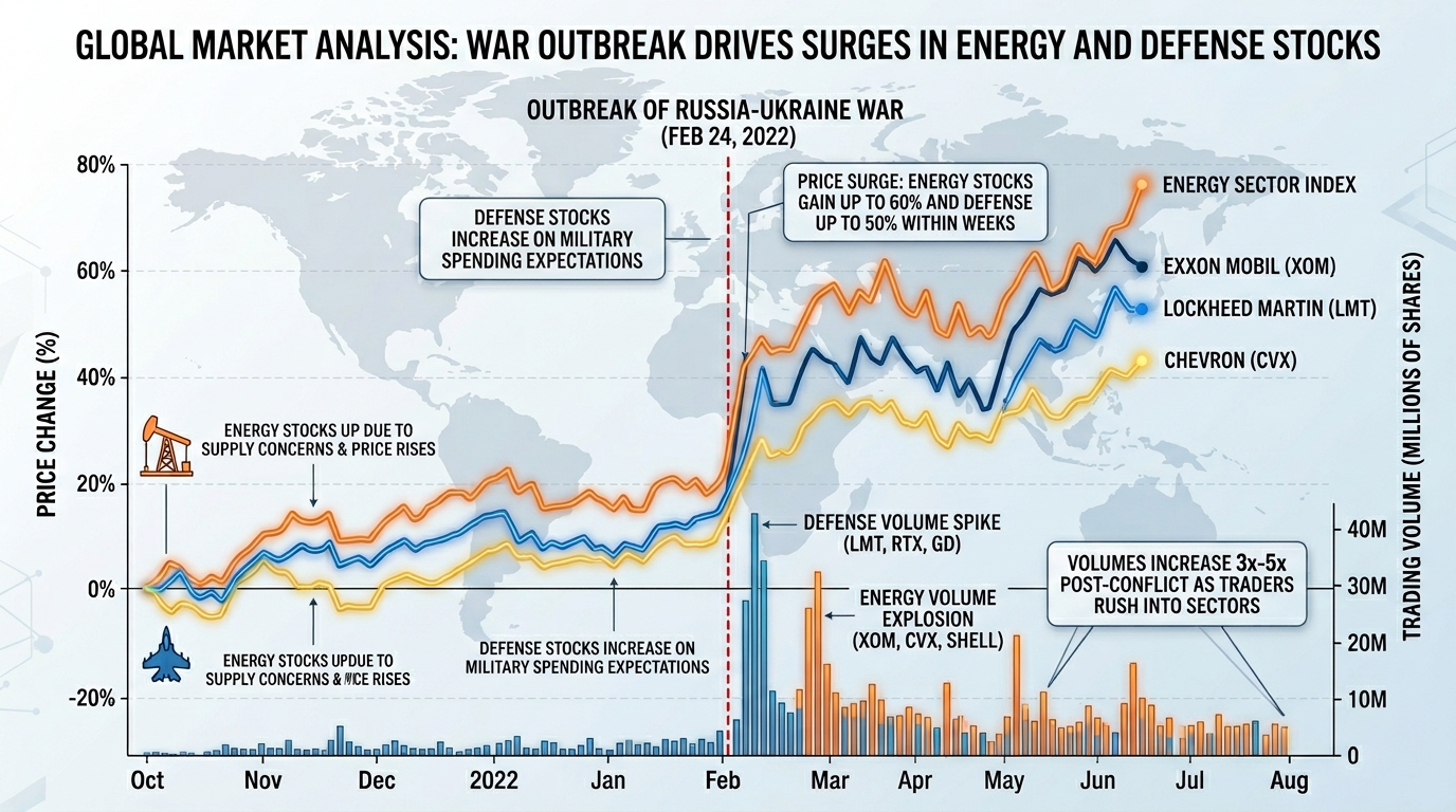 전쟁 발발 이후 에너지, 방산 테마주들의 거래량 폭증과 가격 급등 차트 데이터