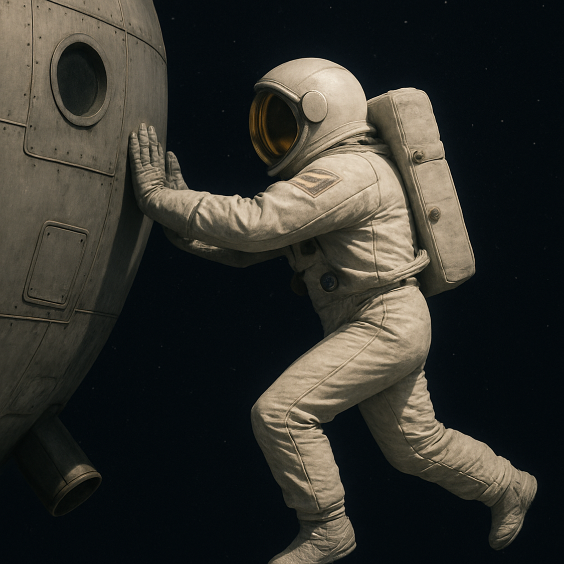 An Astraunaut pushing against a spaceship [chatGPT]