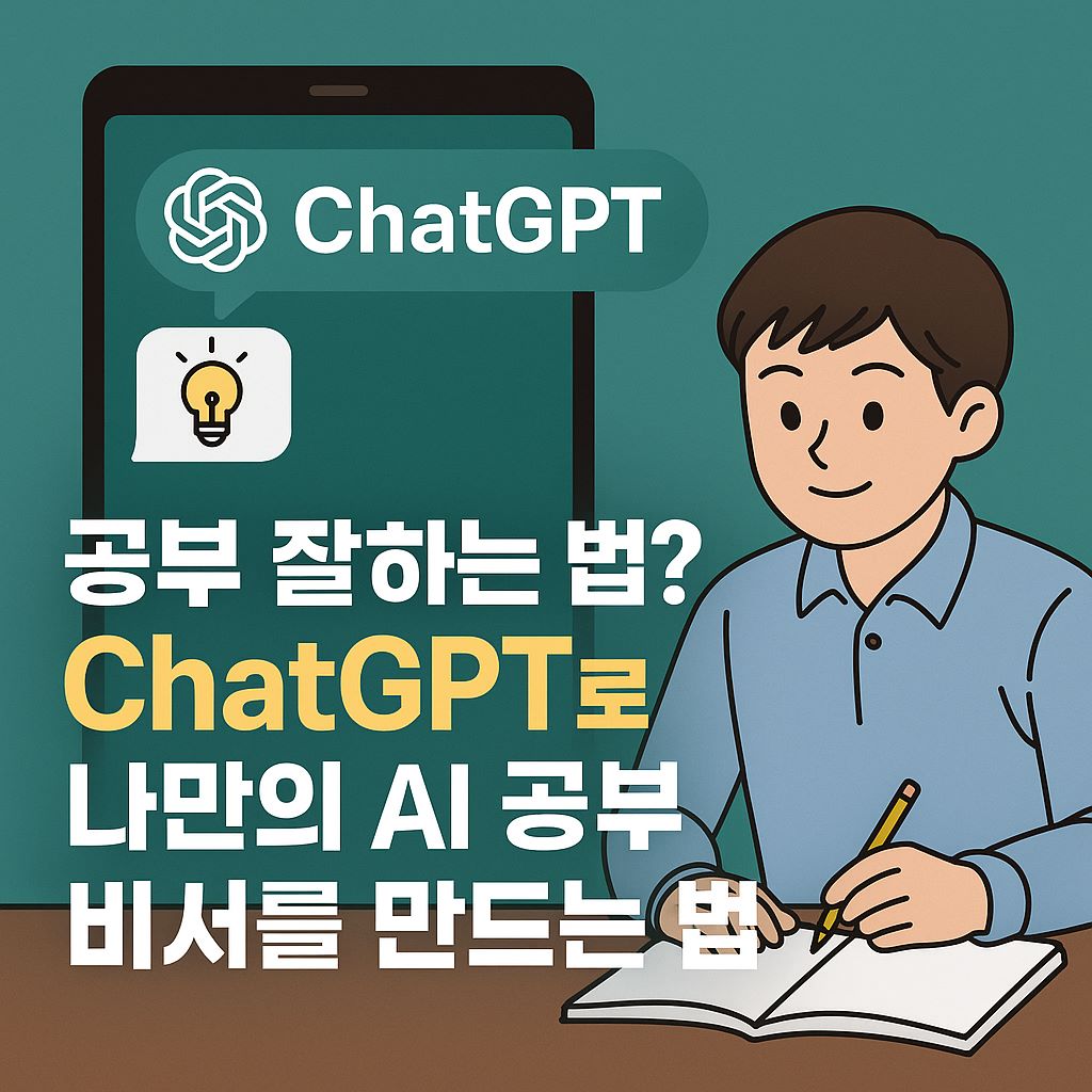 ChatGPT와 함께 AI 공부 비서를 만들고 있는 학생의 모습, 공부 잘하는 법을 설명하는 배너 이미지