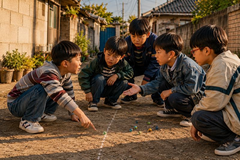 구슬치기 선 앞에서 두 아이가 손가락으로 서로를 가리키며 판정을 두고 의견을 나누는 모습