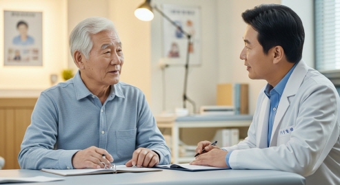 의사와 치매 진단 상담 받는 어르신