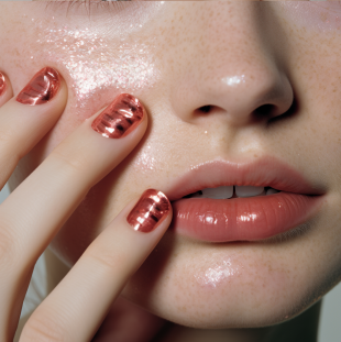 핑크 메탈 파우더 네일아트 사진&#44; 줄무늬가 살짝 보이는 미러 네일아트