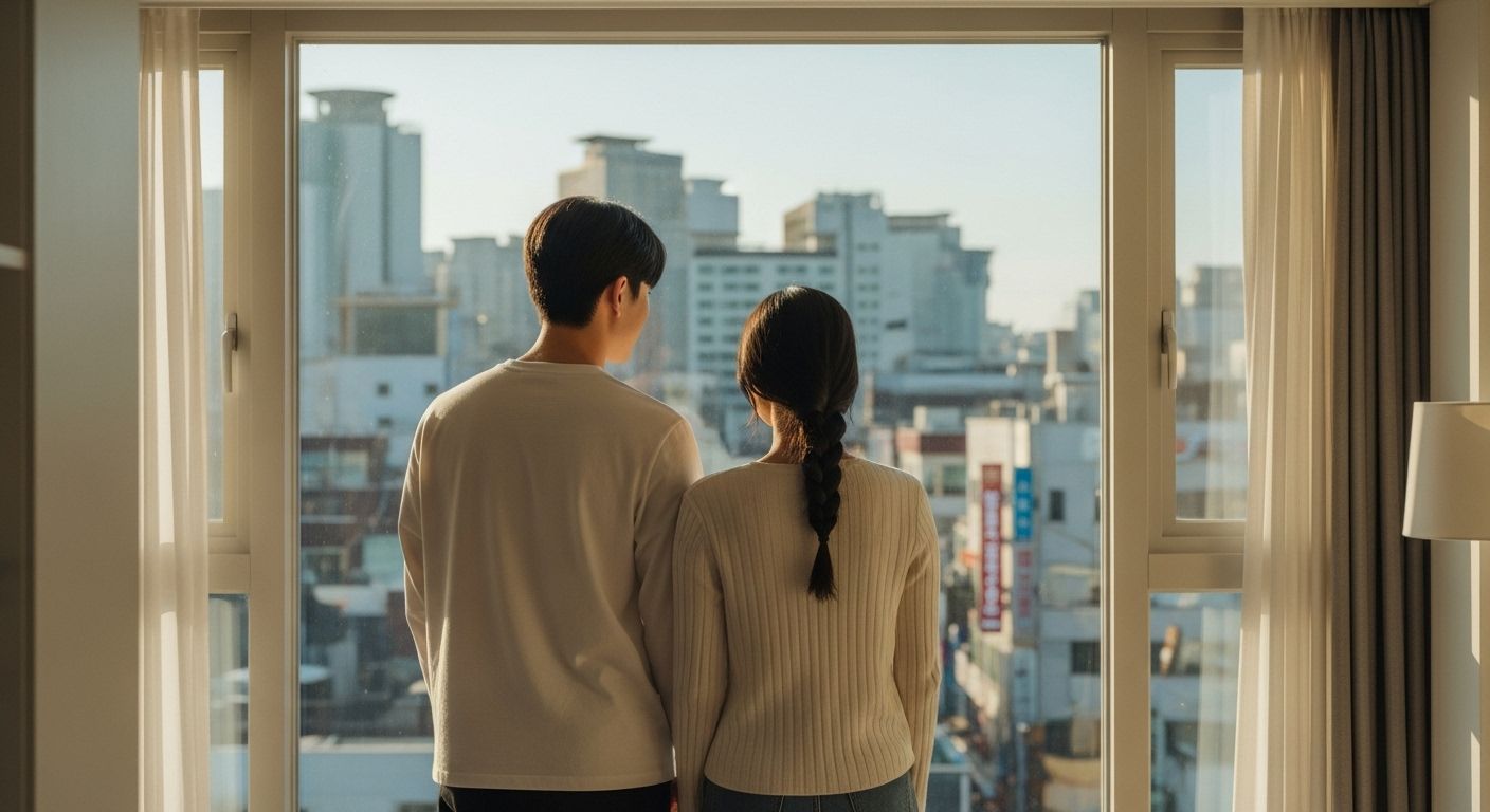 젊은 부부가 아파트 외부를 바라보는 뒷모습