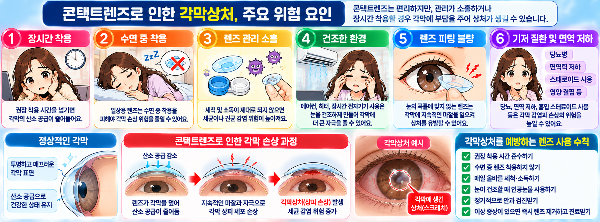 콘택트렌즈 장시간 착용과 관리 소홀로 인한 각막상처 발생 원인