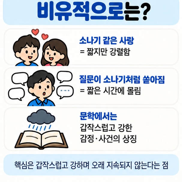 소나기 같은 사랑 질문이 소나기처럼 쏟아짐 등 비유적 사용 예시를 보여주는 이미지