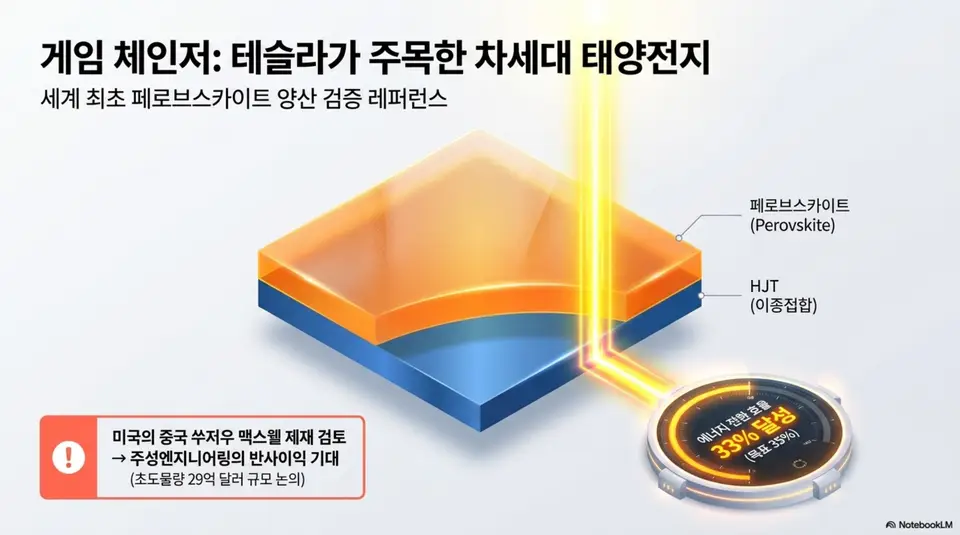 주성엔지니어링 주가 전망: 주성엔지니어링의 테슬라향 차세대 태양전지 기술을 설명하는 인포그래픽. 페로브스카이트 상부 셀과 HJT 이종접합 하부 셀이 적층된 탠덤 태양전지 구조가 표현되어 있으며 에너지 전환 효율 33퍼센트 달성과 목표 35퍼센트가 표시되어 있다. 하단에는 중국 쑤저우 맥스웰 제재 검토로 인한 주성엔지니어링의 반사이익 기대와 초도물량 29억 달러 규모 논의 내용이 안내되어 있다