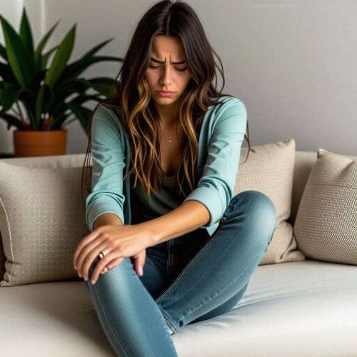젊은 여성이 소파에 계속 앉아 있으면서 무릎에 통증이 발생하여 무릎을 잡고 고통스런 표정을 짓고 있다.